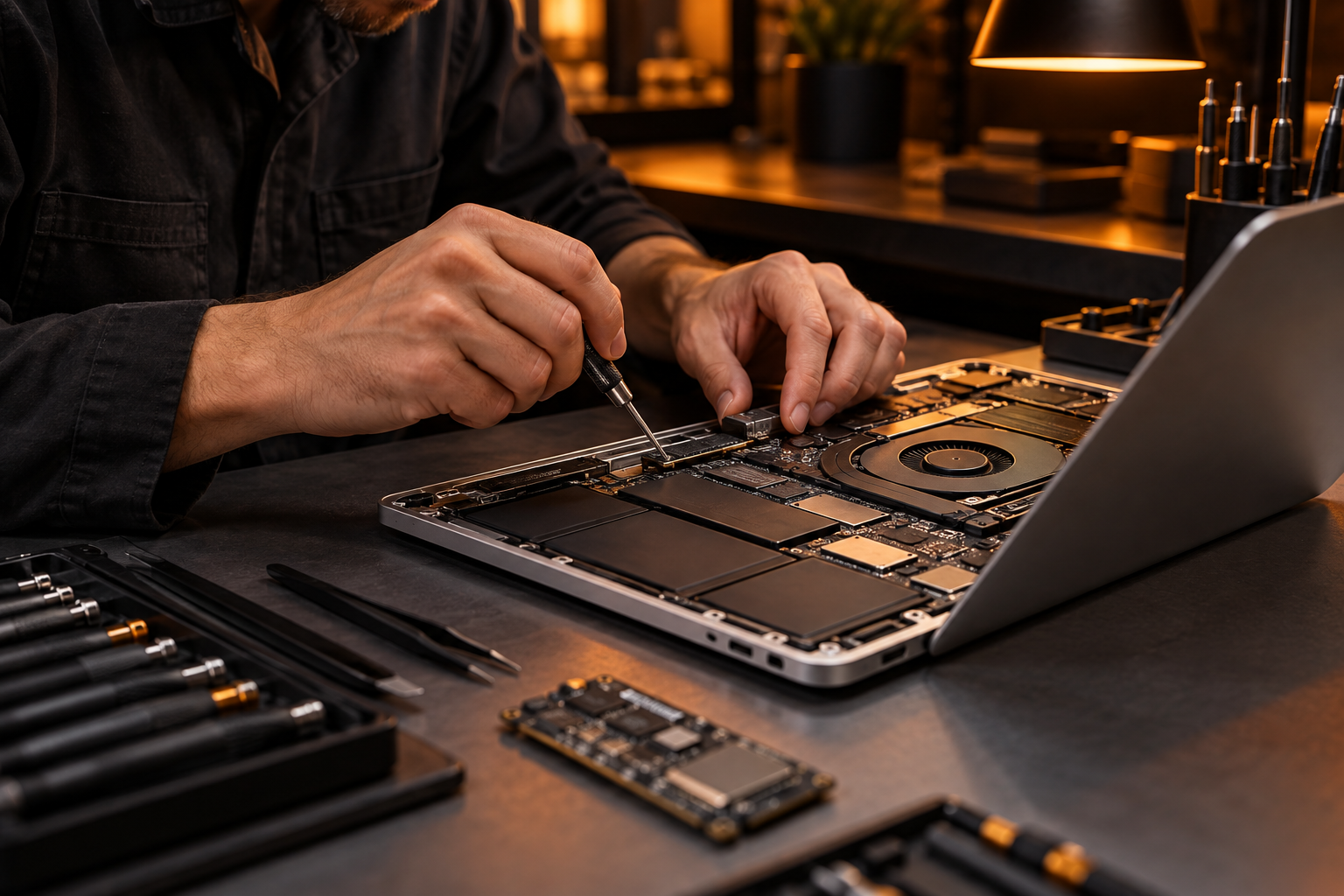 Notebook aberto em uma bancada de assistência técnica